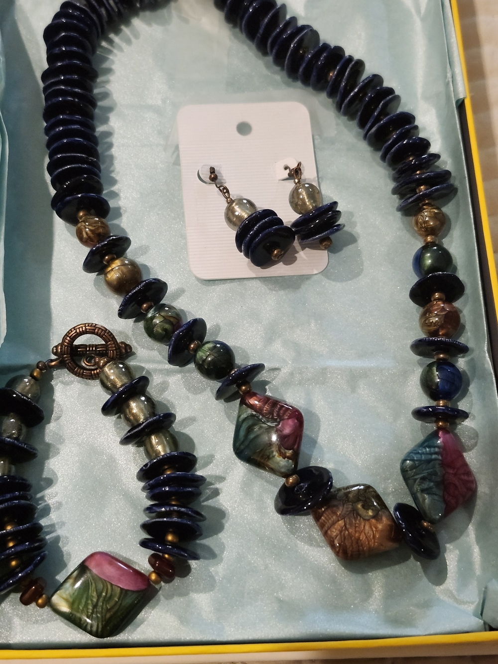 Handcrafted Multicolor Ceramic & Navy Disc Necklace with Matching Earrings
